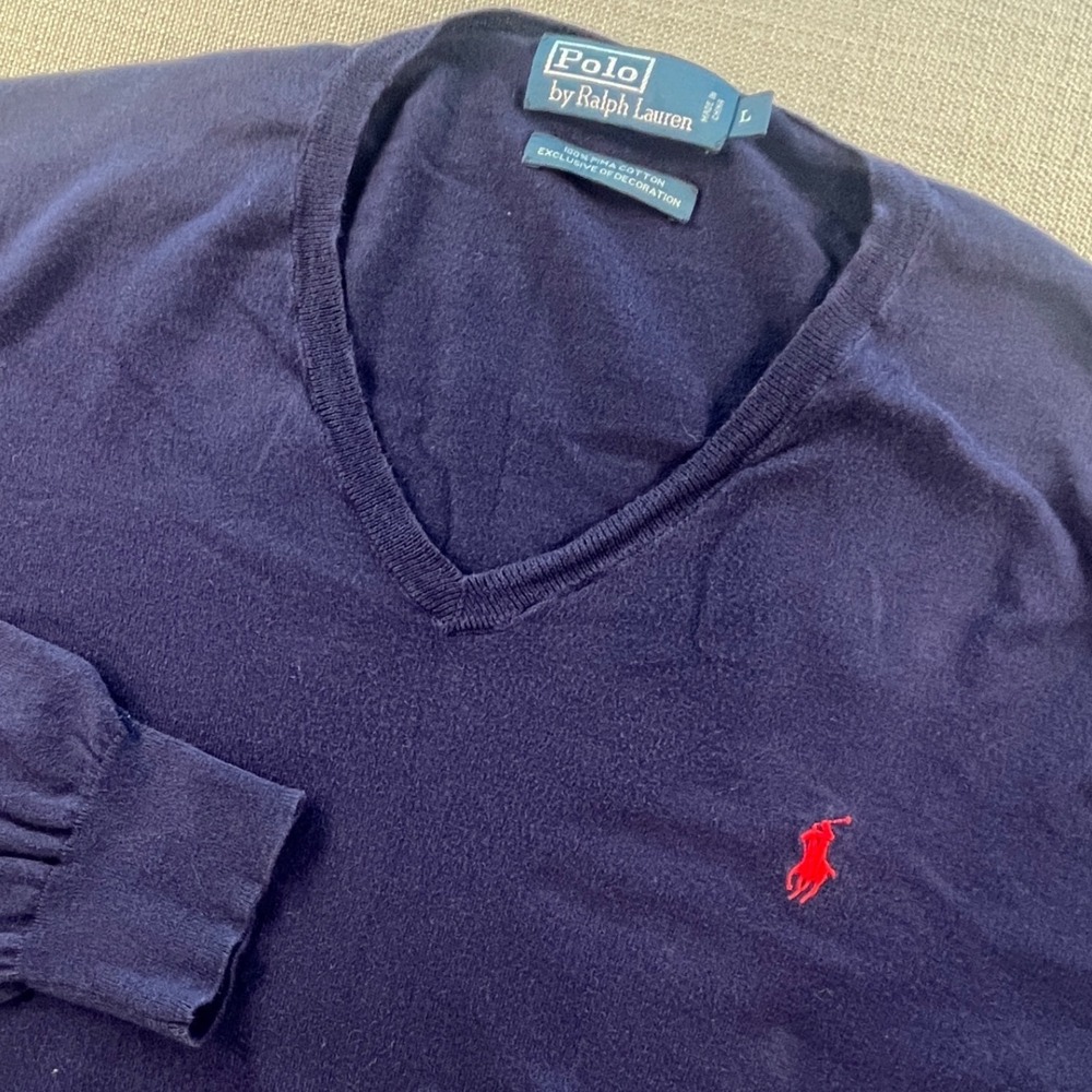 Polo Ralph Lauren Mens Navy Blue 100% Pima Cotton V-Neck Sweater Size L Red Pony